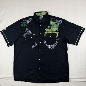 5ive Jungle Mens 2XL Black Embroidered‎ Plaid Kings County Button Down Shirt Y2K